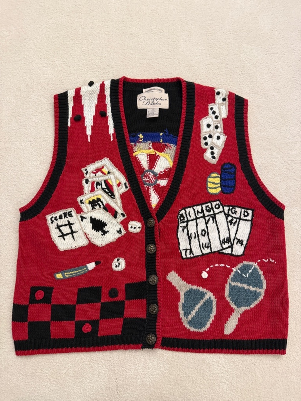 Christopher & Banks Red Novelty Bingo Game Night Knit Vest size M